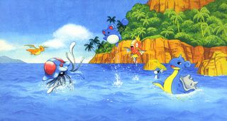 Eine Gruppe von Wasser-Pokémon und zwei Drachen im Meer